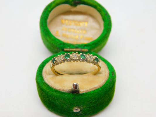 9ct Yellow Gold, Emerald & Diamond Half Eternity Ring Vintage 1993 London