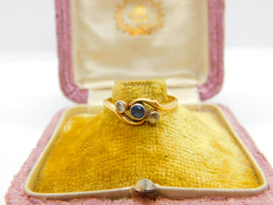 Victorian 18ct Gold, 0.1ct Diamond & Sapphire Crossover Ring Antique c1900