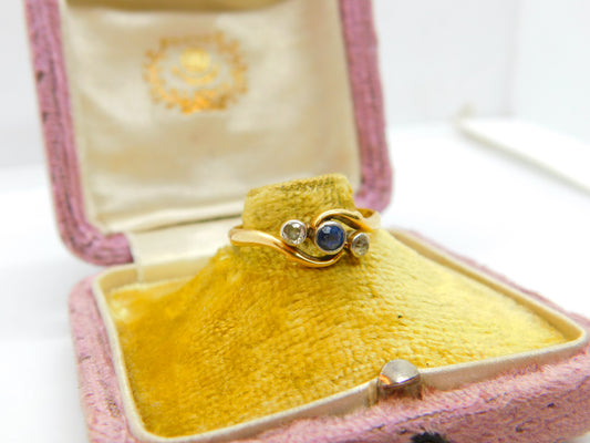 Victorian 18ct Gold, 0.1ct Diamond & Sapphire Crossover Ring Antique c1900