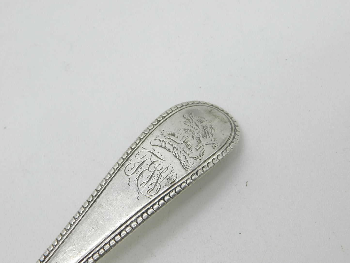 Georgian Beaded Sterling Silver Serving Spoon Lion Crest 1779 London Antique