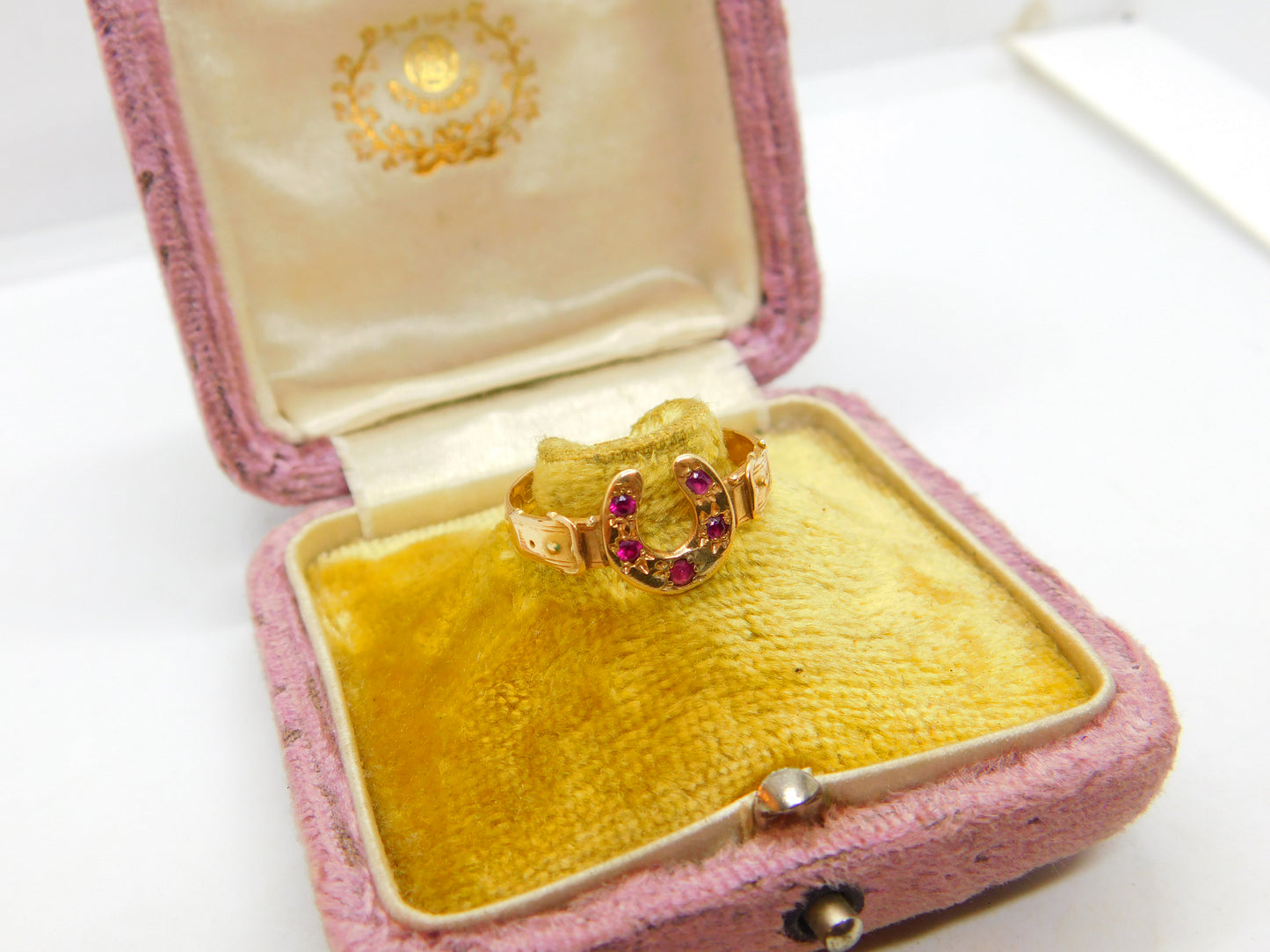 Victorian 15ct Gold & Ruby Set Good Luck Horseshoe Ring Antique 1870 Birmingham