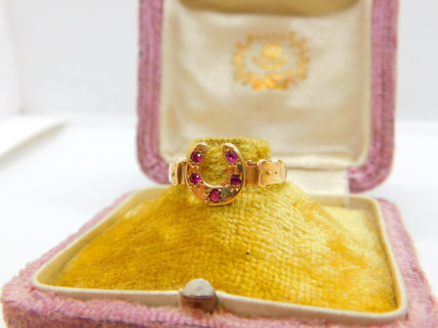 Victorian 15ct Gold & Ruby Set Good Luck Horseshoe Ring Antique 1870 Birmingham