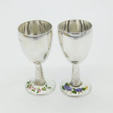 Pair Sterling Silver Floral Guilloche Enamel Base Wine Goblets 1969 Birmingham