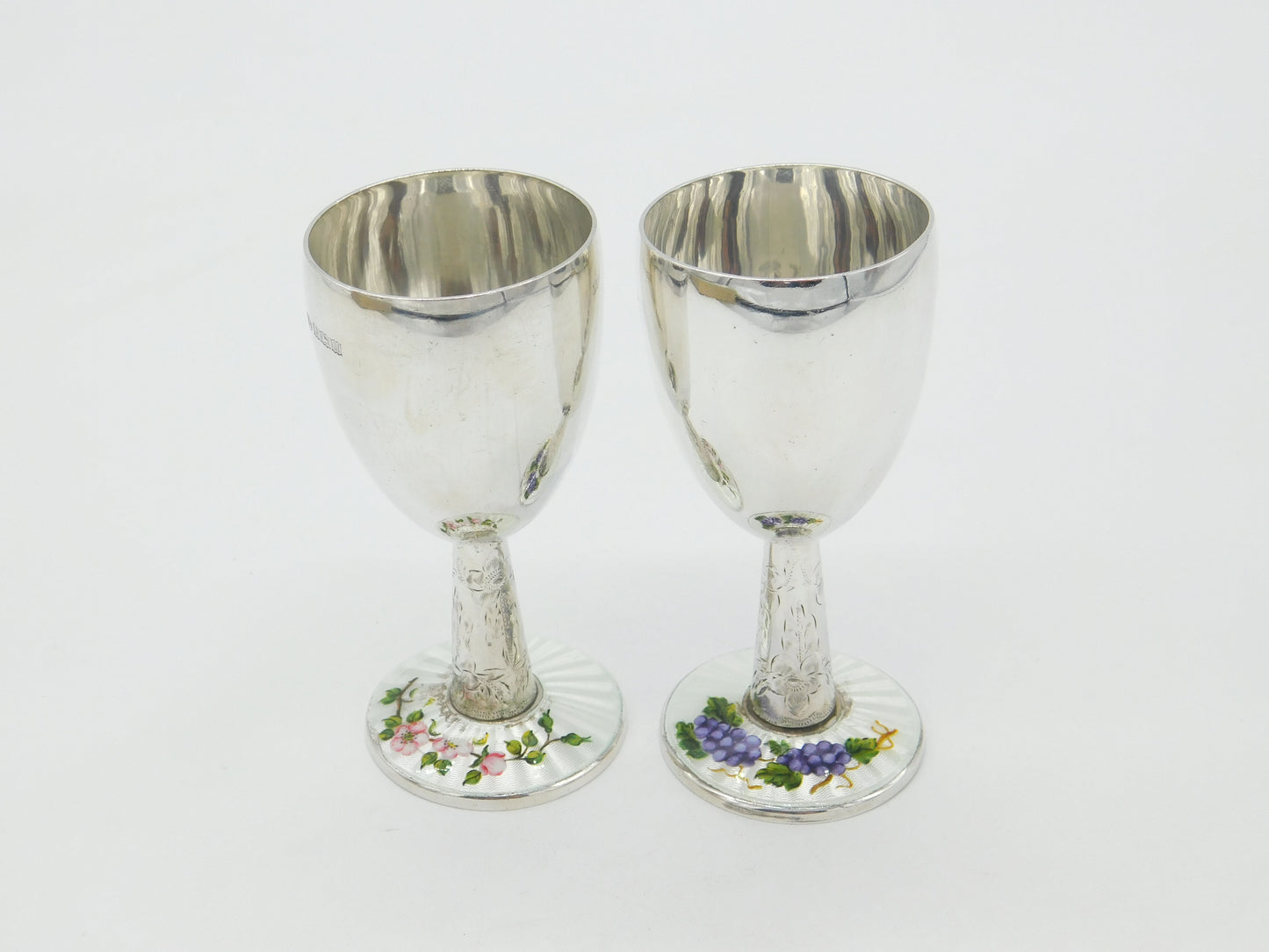 Pair Sterling Silver Floral Guilloche Enamel Base Wine Goblets 1969 Birmingham