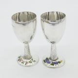 Pair Sterling Silver Floral Guilloche Enamel Base Wine Goblets 1969 Birmingham
