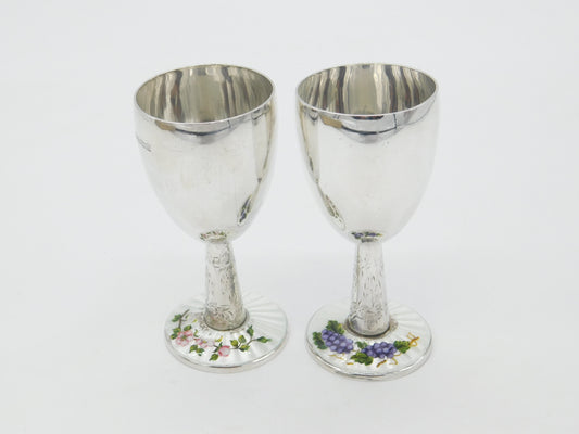 Pair Sterling Silver Floral Guilloche Enamel Base Wine Goblets 1969 Birmingham