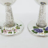 Pair Sterling Silver Floral Guilloche Enamel Base Wine Goblets 1969 Birmingham