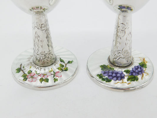 Pair Sterling Silver Floral Guilloche Enamel Base Wine Goblets 1969 Birmingham