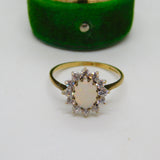 9ct Yellow Gold, Cabochon Opal & Spinel Floral Cluster Ring Vintage c1980