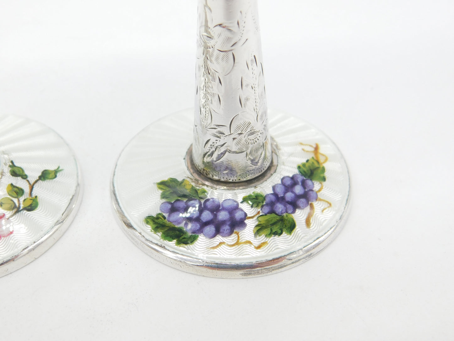 Pair Sterling Silver Floral Guilloche Enamel Base Wine Goblets 1969 Birmingham