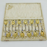 Danish P. Hertz Boxed Set of Sterling Silver Gilt & Enamel Teaspoons Antique