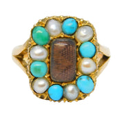 Victorian 9ct Gold, Turquoise, Pearl & Hair Set Mourning Ring Antique c1850s