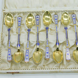 Danish P. Hertz Boxed Set of Sterling Silver Gilt & Enamel Teaspoons Antique