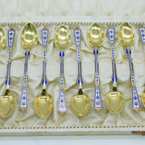 Danish P. Hertz Boxed Set of Sterling Silver Gilt & Enamel Teaspoons Antique
