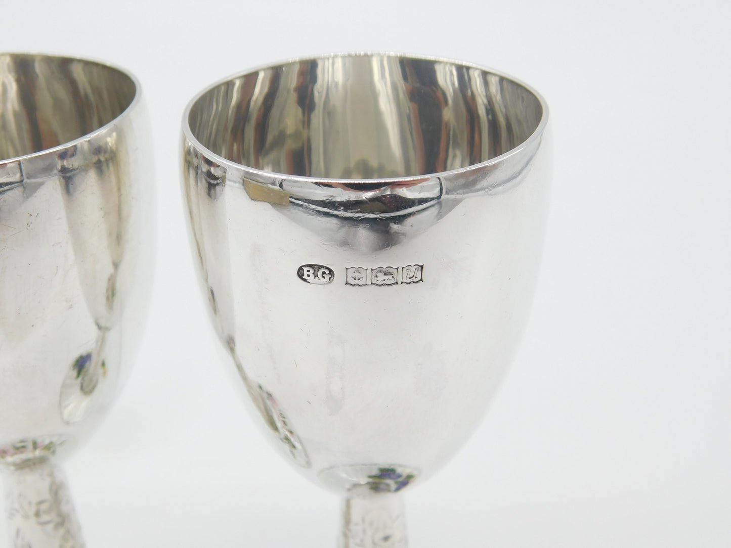 Pair Sterling Silver Floral Guilloche Enamel Base Wine Goblets 1969 Birmingham