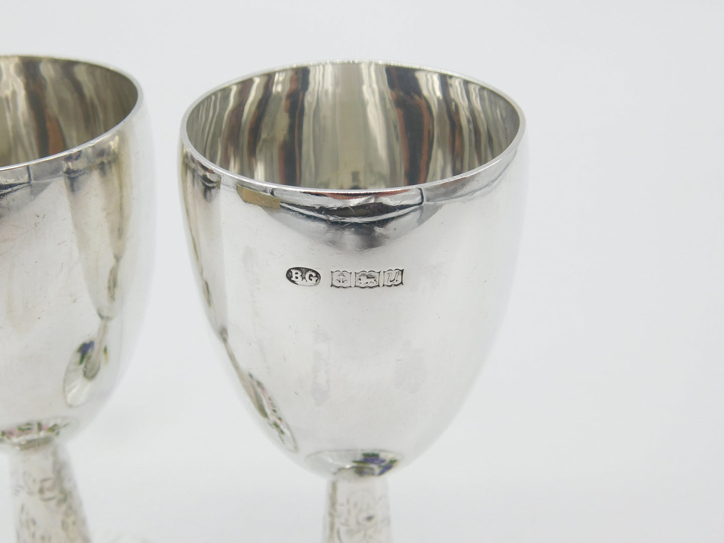 Pair Sterling Silver Floral Guilloche Enamel Base Wine Goblets 1969 Birmingham