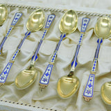 Danish P. Hertz Boxed Set of Sterling Silver Gilt & Enamel Teaspoons Antique