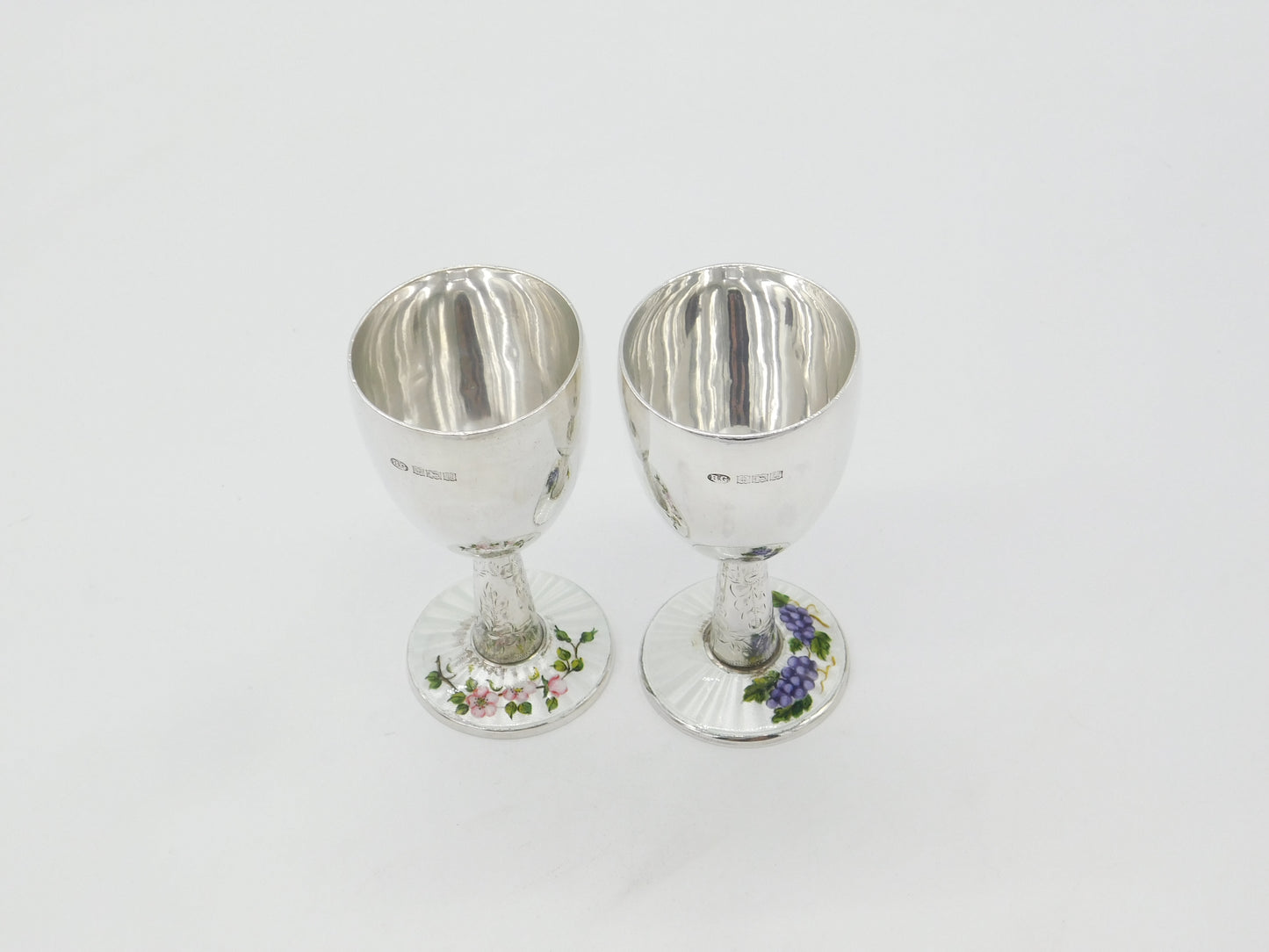 Pair Sterling Silver Floral Guilloche Enamel Base Wine Goblets 1969 Birmingham