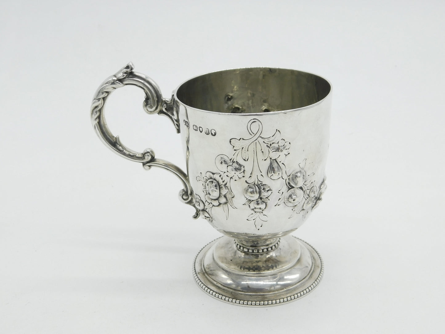 Victorian Sterling Silver Floral Christening Mug Tankard 1859 Antique London