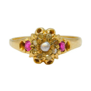 Victorian 18ct Gold, Diamond, Ruby & Pearl Floral Cluster Ring Antique 1866 Sheffield