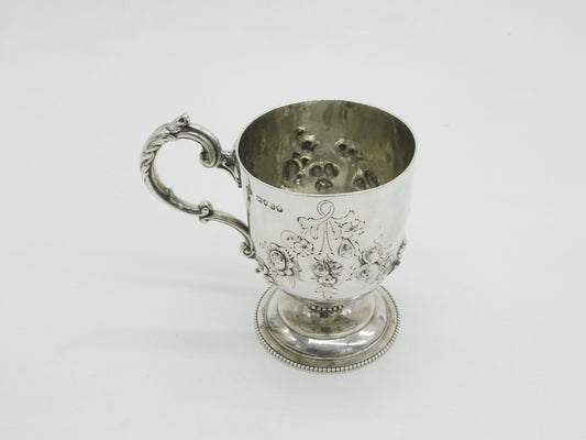 Victorian Sterling Silver Floral Christening Mug Tankard 1859 Antique London