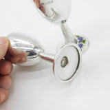 Pair Sterling Silver Floral Guilloche Enamel Base Wine Goblets 1969 Birmingham