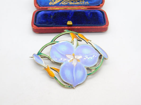 Large Sterling Silver & Colourful Enamel Spring Flower Brooch Pin Antique c1920