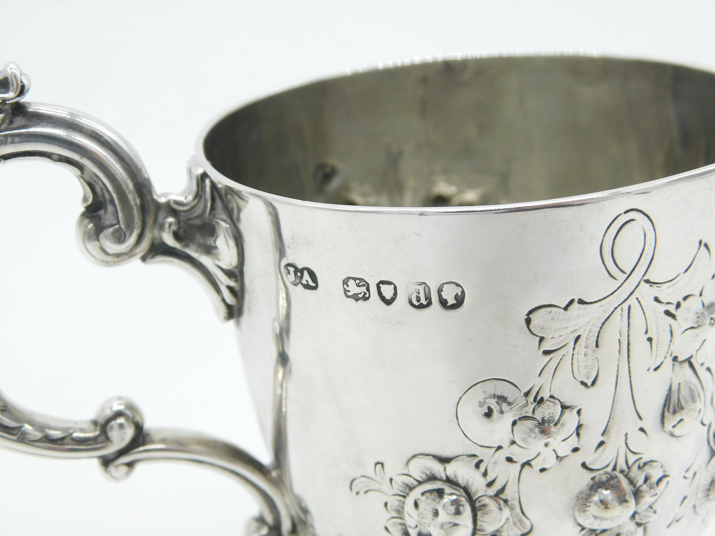 Victorian Sterling Silver Floral Christening Mug Tankard 1859 Antique London