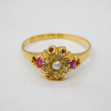 Victorian 18ct Gold, Diamond, Ruby & Pearl Floral Cluster Ring Antique 1866 Sheffield
