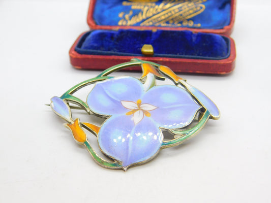 Large Sterling Silver & Colourful Enamel Spring Flower Brooch Pin Antique c1920