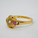 Victorian 18ct Gold, Diamond, Ruby & Pearl Floral Cluster Ring Antique 1866 Sheffield