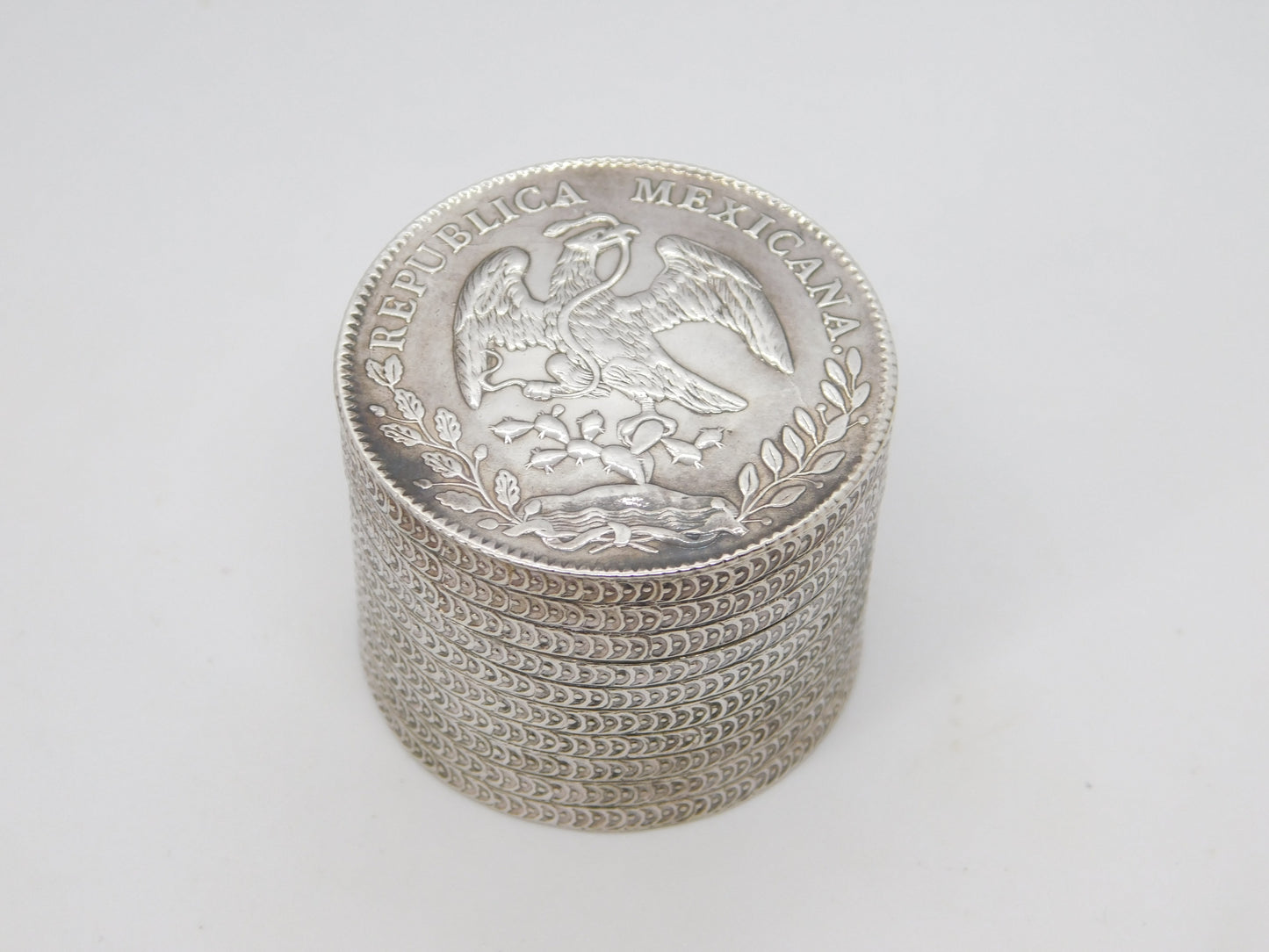 Victorian Mexican Sterling Silver Coin Crafted Trinket Box Antique 1894