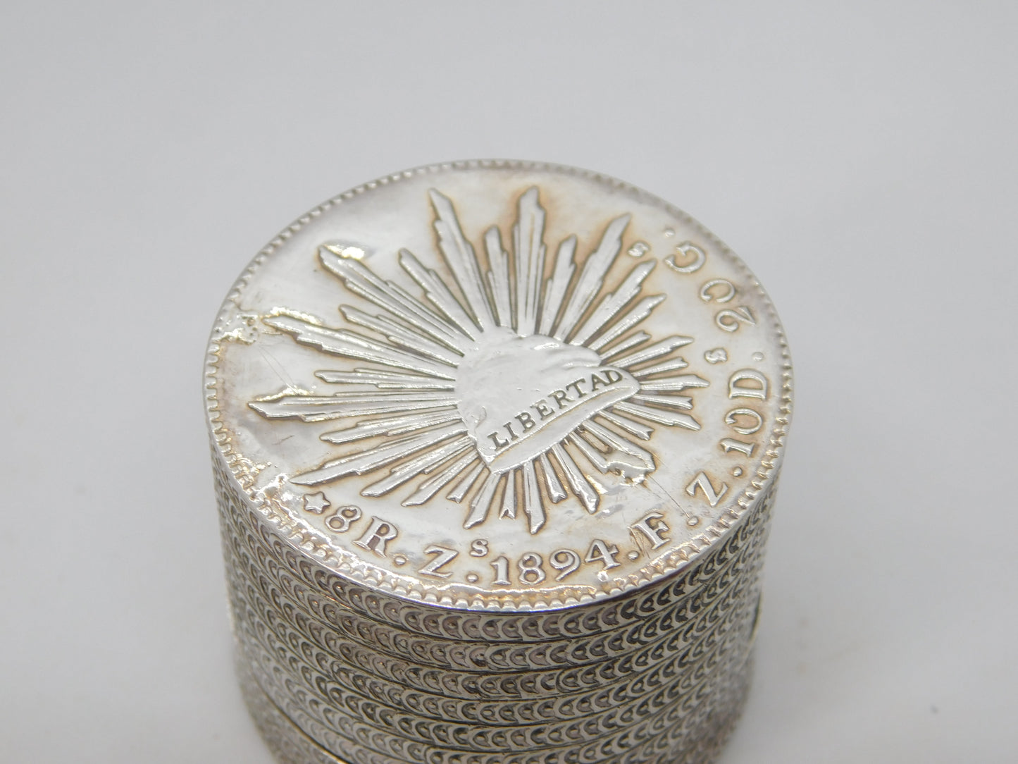 Victorian Mexican Sterling Silver Coin Crafted Trinket Box Antique 1894