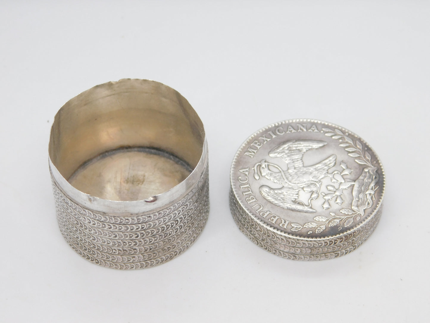 Victorian Mexican Sterling Silver Coin Crafted Trinket Box Antique 1894