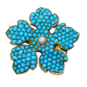 19th Century Austro-Hungarian Silver Gilt, Turquoise Floral Brooch Antique c1860