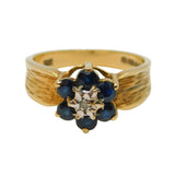 9ct Yellow Gold Sapphire & Diamond Cluster Dress Ring Vintage 1978 London