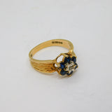9ct Yellow Gold Sapphire & Diamond Cluster Dress Ring Vintage 1978 London