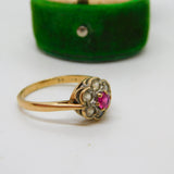 Edwardian 9ct Gold, Ruby & Spinel Set Floral Cluster Ring Antique c1910