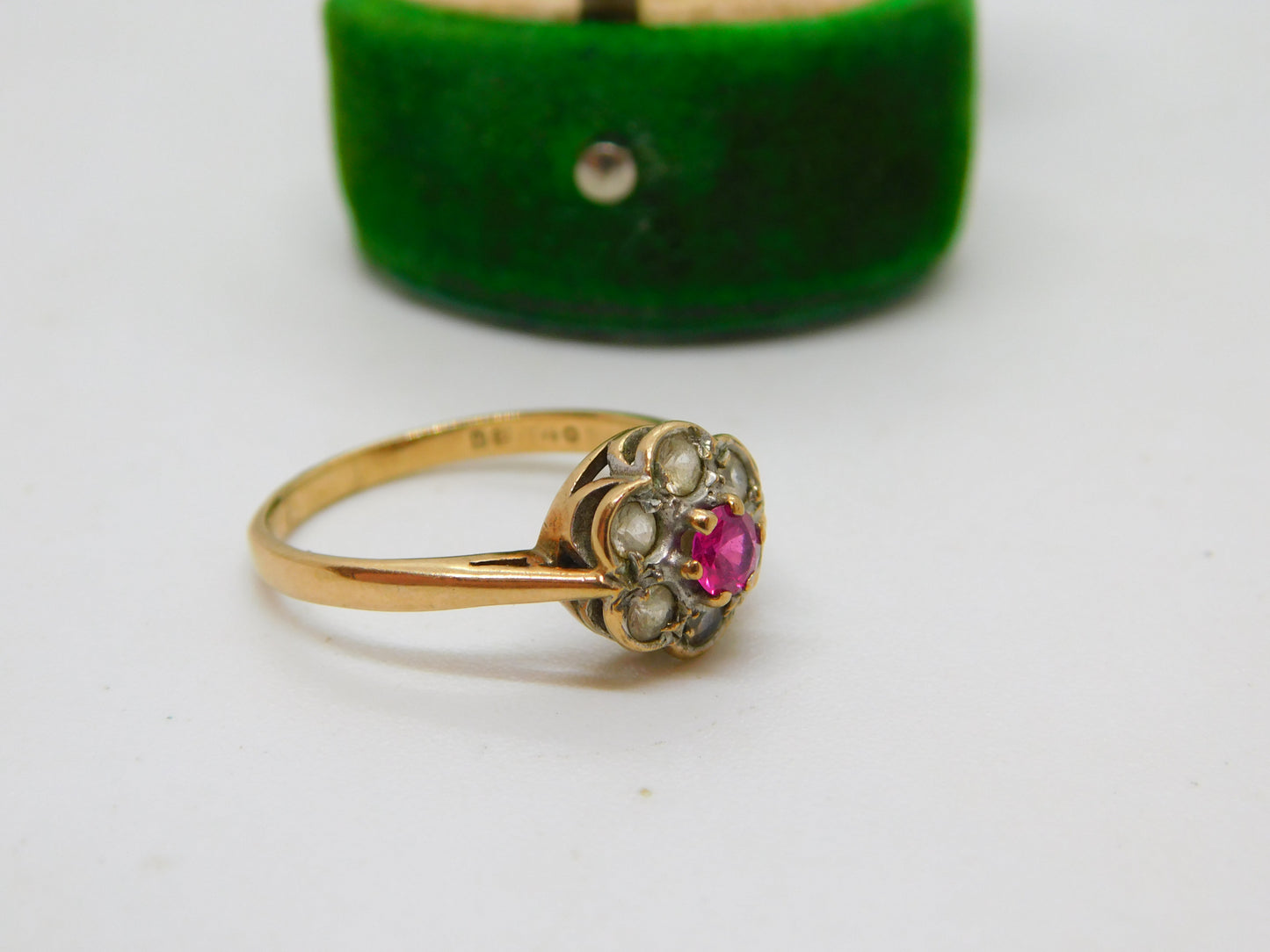 Edwardian 9ct Gold, Ruby & Spinel Set Floral Cluster Ring Antique c1910