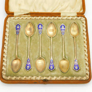 Boxed Victorian Set of Sterling Silver Gilt & Enamel Teaspoons Antique