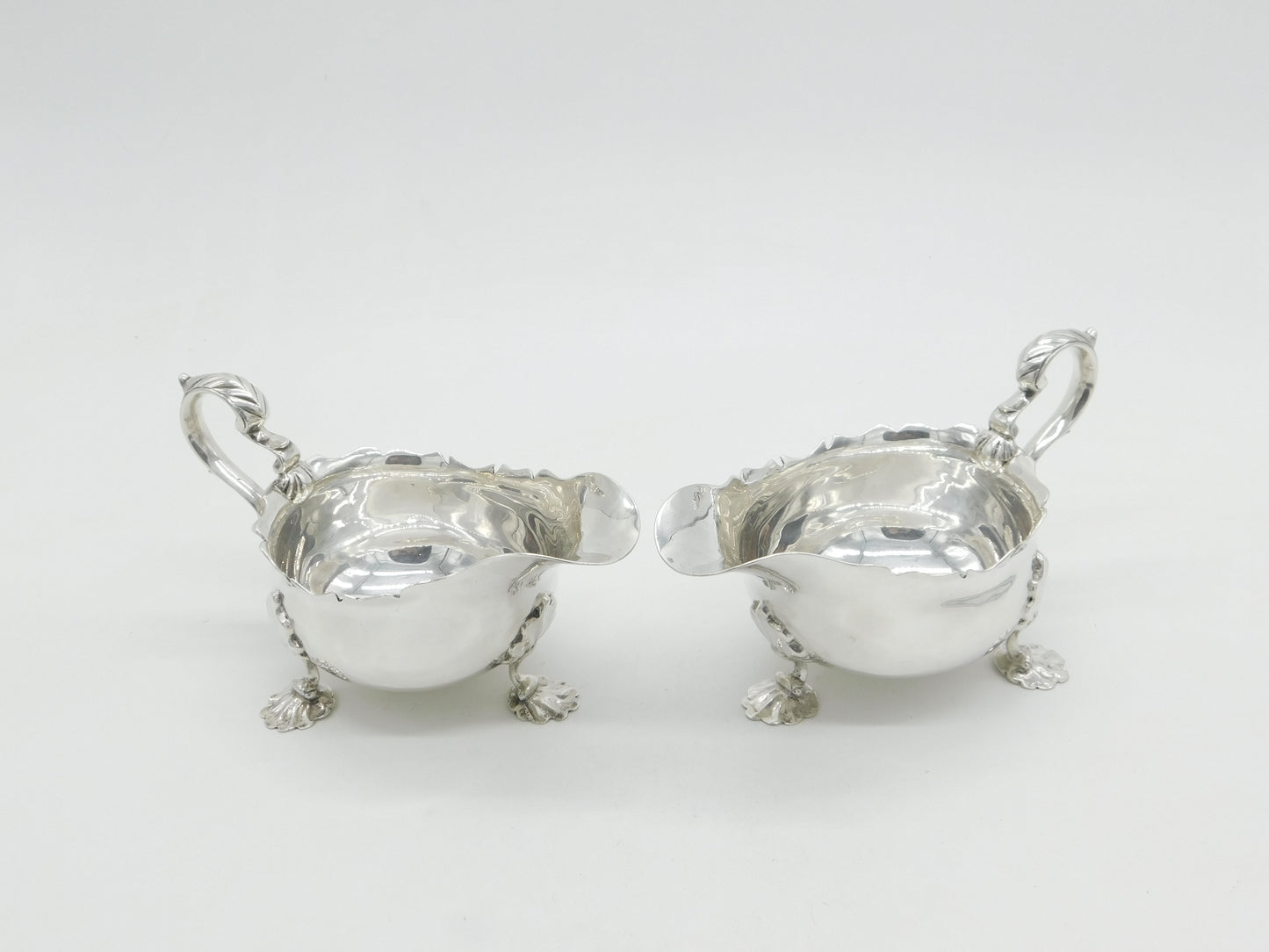 Large Victorian Pair Sterling Silver Acanthus Sauce Boats 1895 Chester Antique