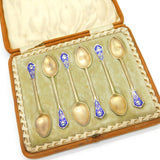 Boxed Victorian Set of Sterling Silver Gilt & Enamel Teaspoons Antique