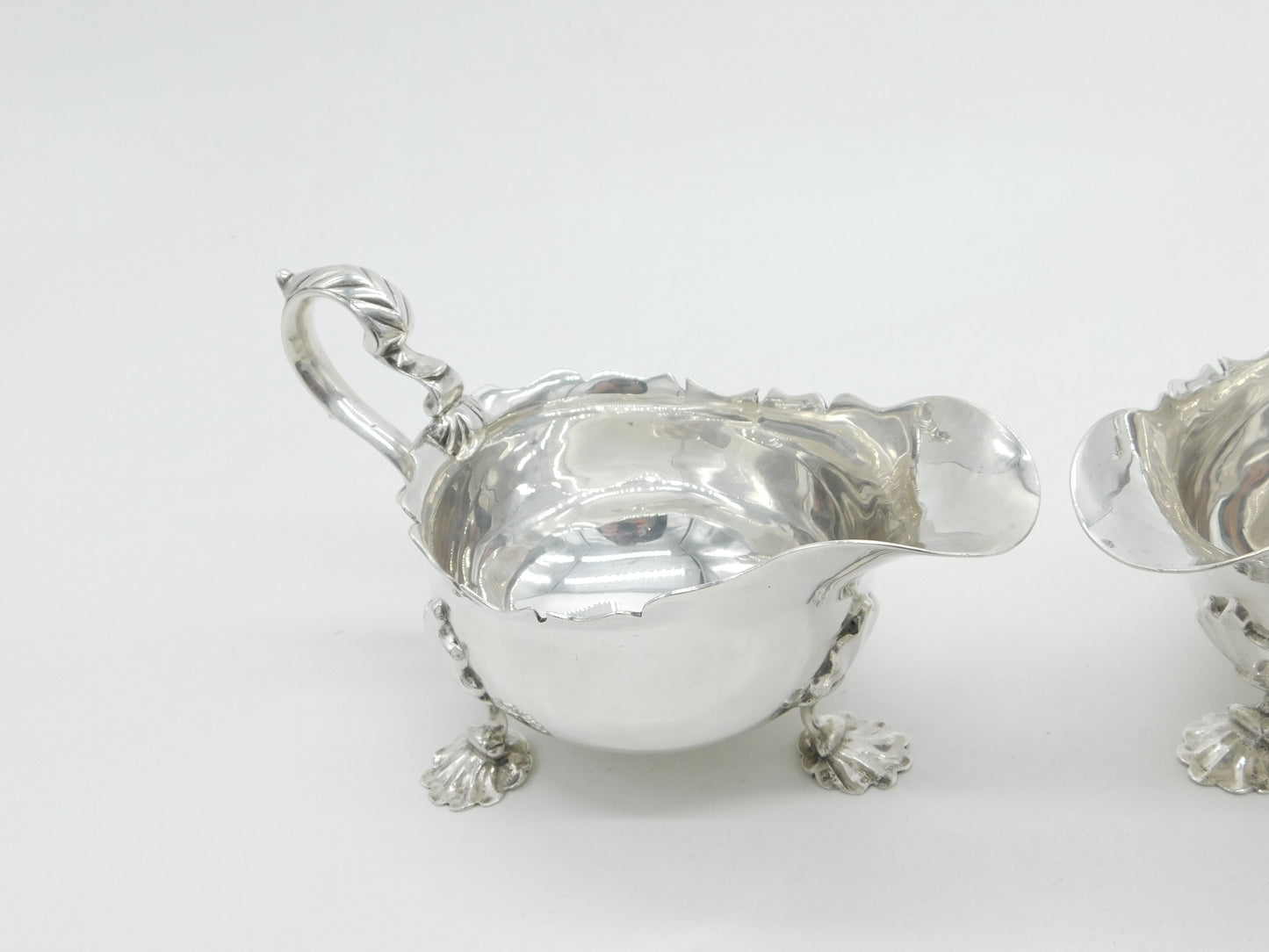 Large Victorian Pair Sterling Silver Acanthus Sauce Boats 1895 Chester Antique