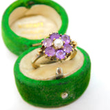 9ct Yellow Gold, Amethyst & Pearl Set Floral Cluster Ring Antique c1940 Deco