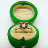 9ct Yellow Gold, Sapphire & Diamond Floral Cluster Ring Vintage 1975 London