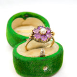 9ct Yellow Gold, Amethyst & Pearl Set Floral Cluster Ring Antique c1940 Deco