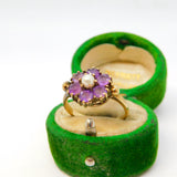 9ct Yellow Gold, Amethyst & Pearl Set Floral Cluster Ring Antique c1940 Deco