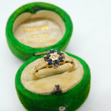 9ct Yellow Gold, Sapphire & Diamond Floral Cluster Ring Vintage 1975 London