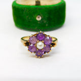 9ct Yellow Gold, Amethyst & Pearl Set Floral Cluster Ring Antique c1940 Deco