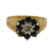 9ct Yellow Gold Sapphire & Diamond Cluster Dress Ring Vintage 1980 London